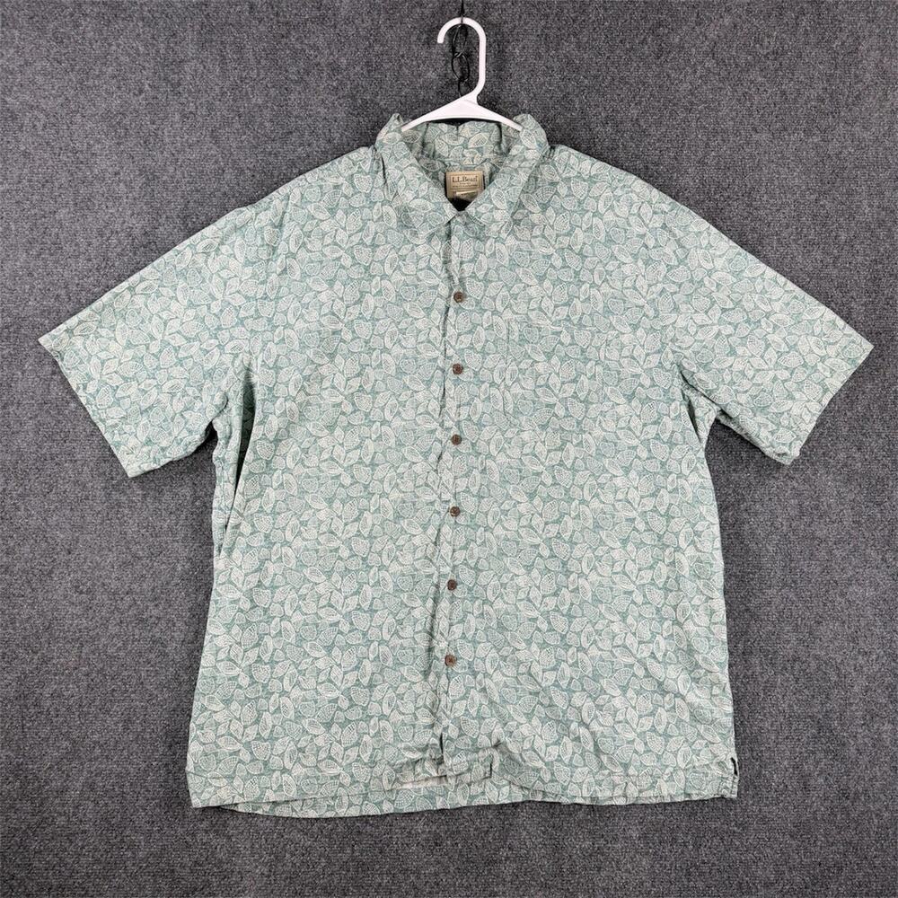 LL Bean Shirt Men’s XL Green Shell Print Traditional Fit Shirt Sleeve Button Up